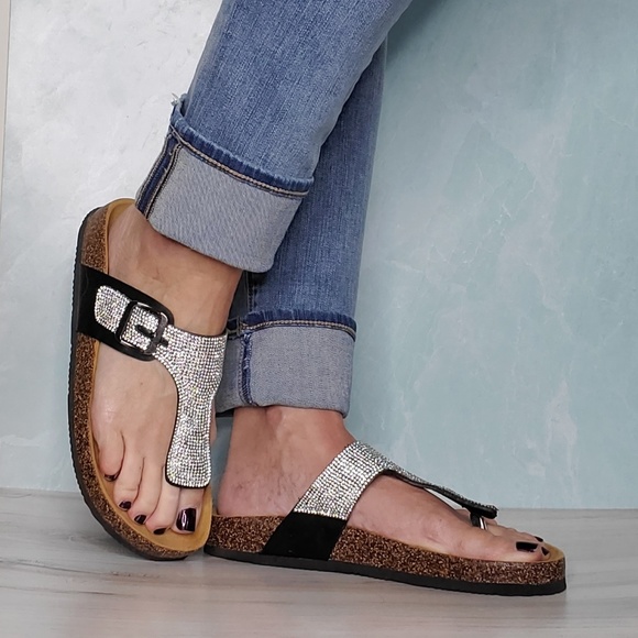 New! Black Buckle Rhinestone Croc Sandal - Picture 2 of 7